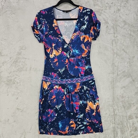 BCBGMAXAZRIA Dress Womens S Blue Floral Jersey Knit Pockets Drop Waist Tropical - Picture 1 of 9